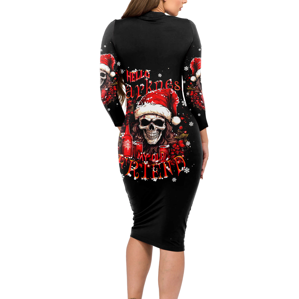 Skull Santa Claus Long Sleeve Bodycon Dress Hello Darkness My Old Friend - Wonder Print Shop
