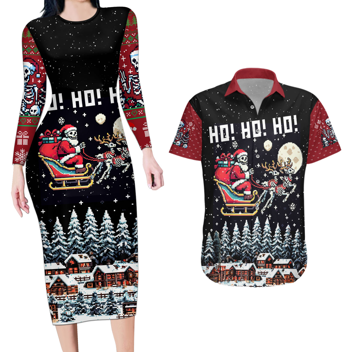 Skeleton Santa Claus Couples Matching Long Sleeve Bodycon Dress and Hawaiian Shirt Santa Is Coming Ho Ho Ho - Wonder Print Shop