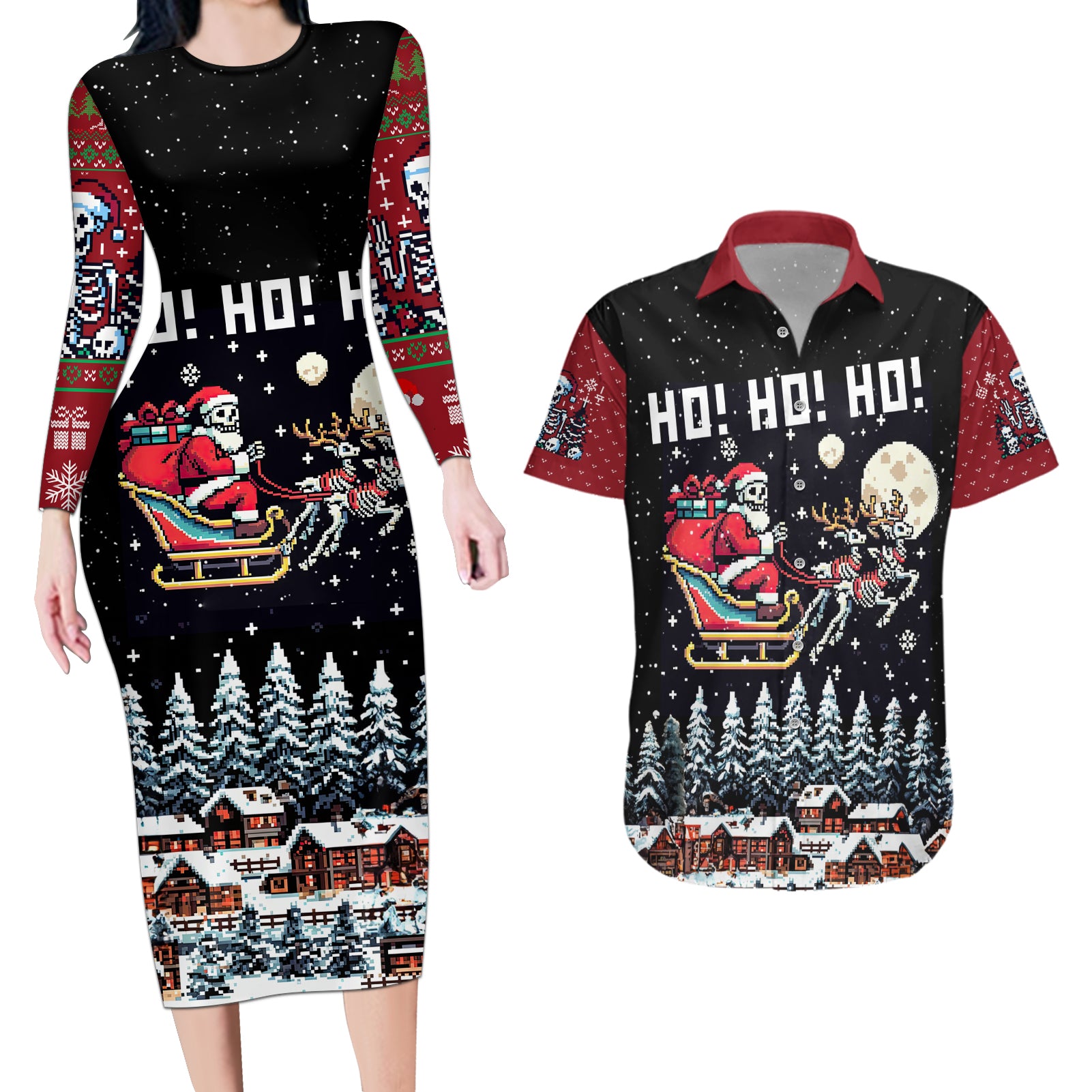 Skeleton Santa Claus Couples Matching Long Sleeve Bodycon Dress and Hawaiian Shirt Santa Is Coming Ho Ho Ho - Wonder Print Shop