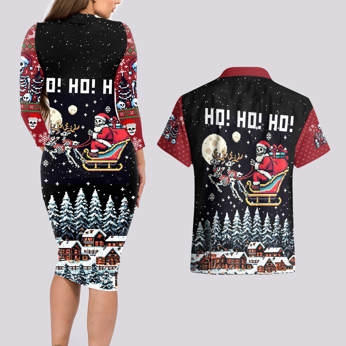 Skeleton Santa Claus Couples Matching Long Sleeve Bodycon Dress and Hawaiian Shirt Santa Is Coming Ho Ho Ho - Wonder Print Shop