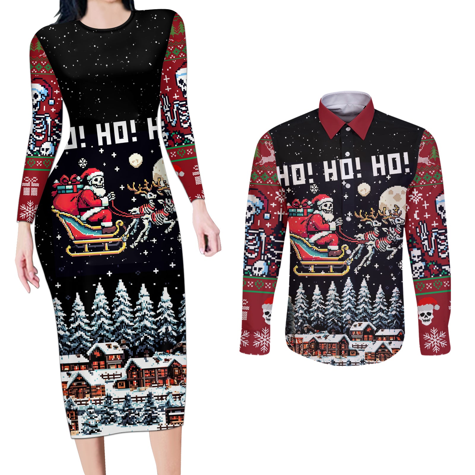 Skeleton Santa Claus Couples Matching Long Sleeve Bodycon Dress and Long Sleeve Button Shirt Santa Is Coming Ho Ho Ho - Wonder Print Shop