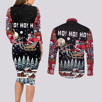 Skeleton Santa Claus Couples Matching Long Sleeve Bodycon Dress and Long Sleeve Button Shirt Santa Is Coming Ho Ho Ho - Wonder Print Shop