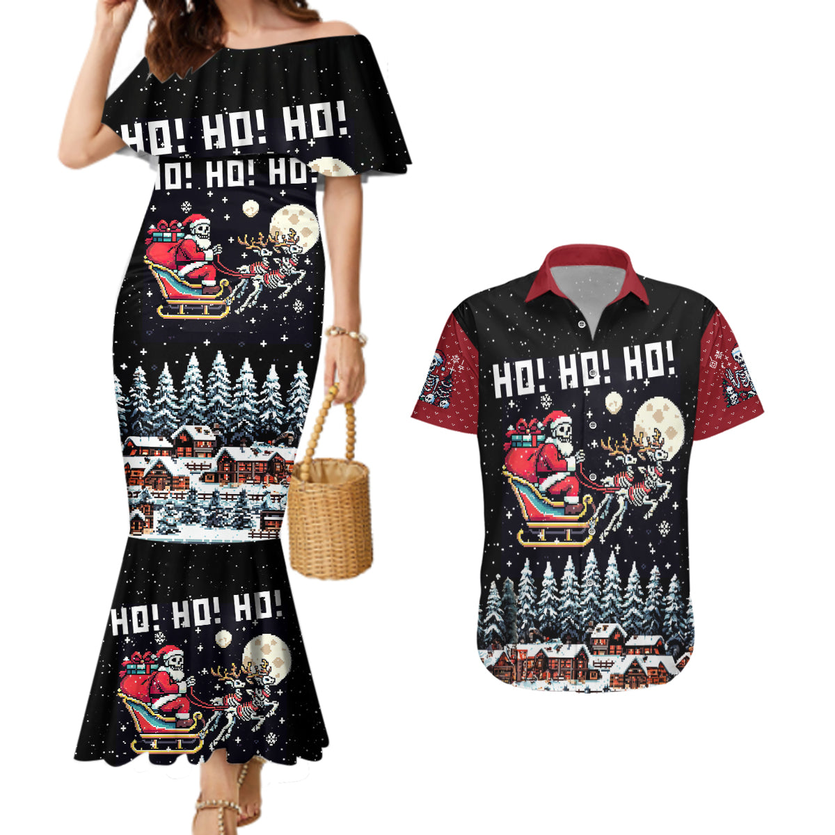 Skeleton Santa Claus Couples Matching Mermaid Dress and Hawaiian Shirt Santa Is Coming Ho Ho Ho - Wonder Print Shop