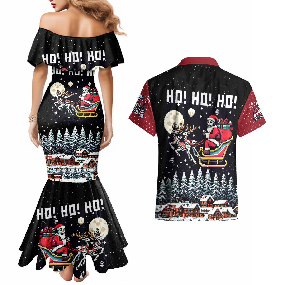 Skeleton Santa Claus Couples Matching Mermaid Dress and Hawaiian Shirt Santa Is Coming Ho Ho Ho - Wonder Print Shop