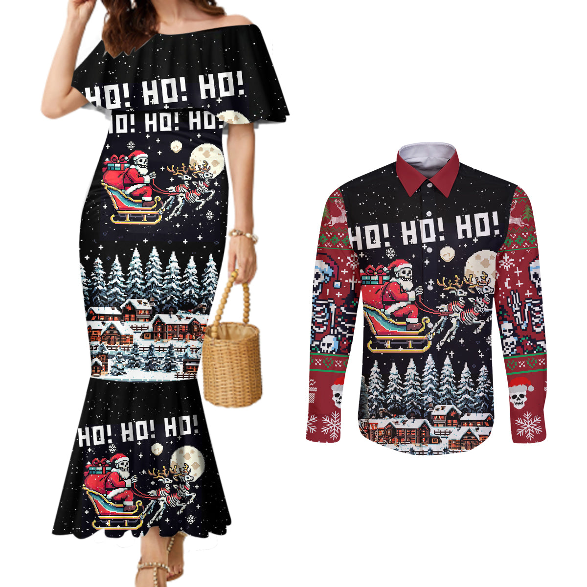 skeleton-santa-claus-couples-matching-mermaid-dress-and-long-sleeve-button-shirt-santa-is-coming-ho-ho-ho