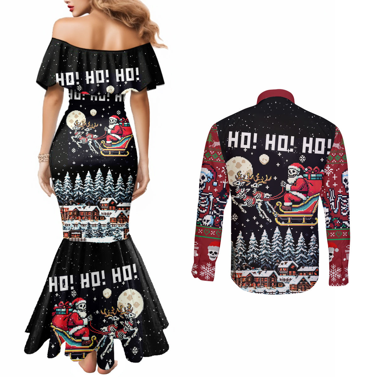 skeleton-santa-claus-couples-matching-mermaid-dress-and-long-sleeve-button-shirt-santa-is-coming-ho-ho-ho
