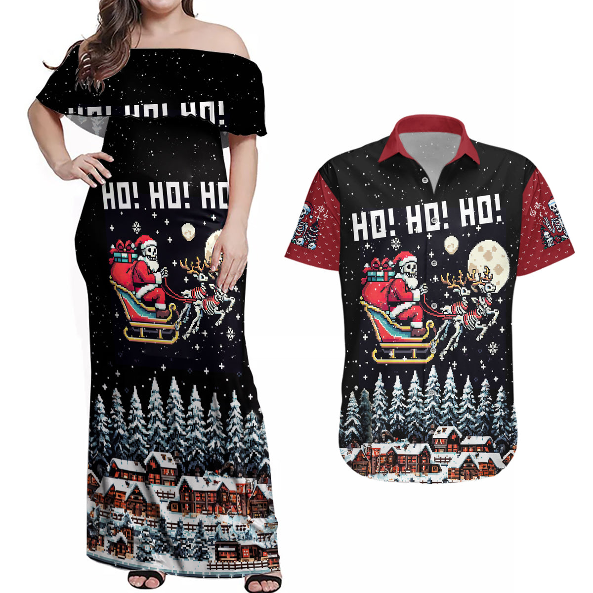 Skeleton Santa Claus Couples Matching Off Shoulder Maxi Dress and Hawaiian Shirt Santa Is Coming Ho Ho Ho - Wonder Print Shop
