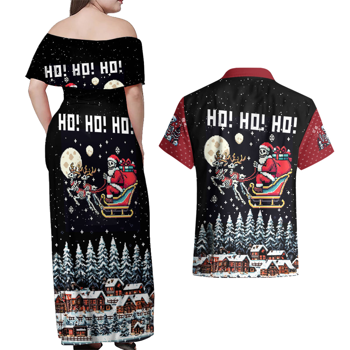 Skeleton Santa Claus Couples Matching Off Shoulder Maxi Dress and Hawaiian Shirt Santa Is Coming Ho Ho Ho - Wonder Print Shop