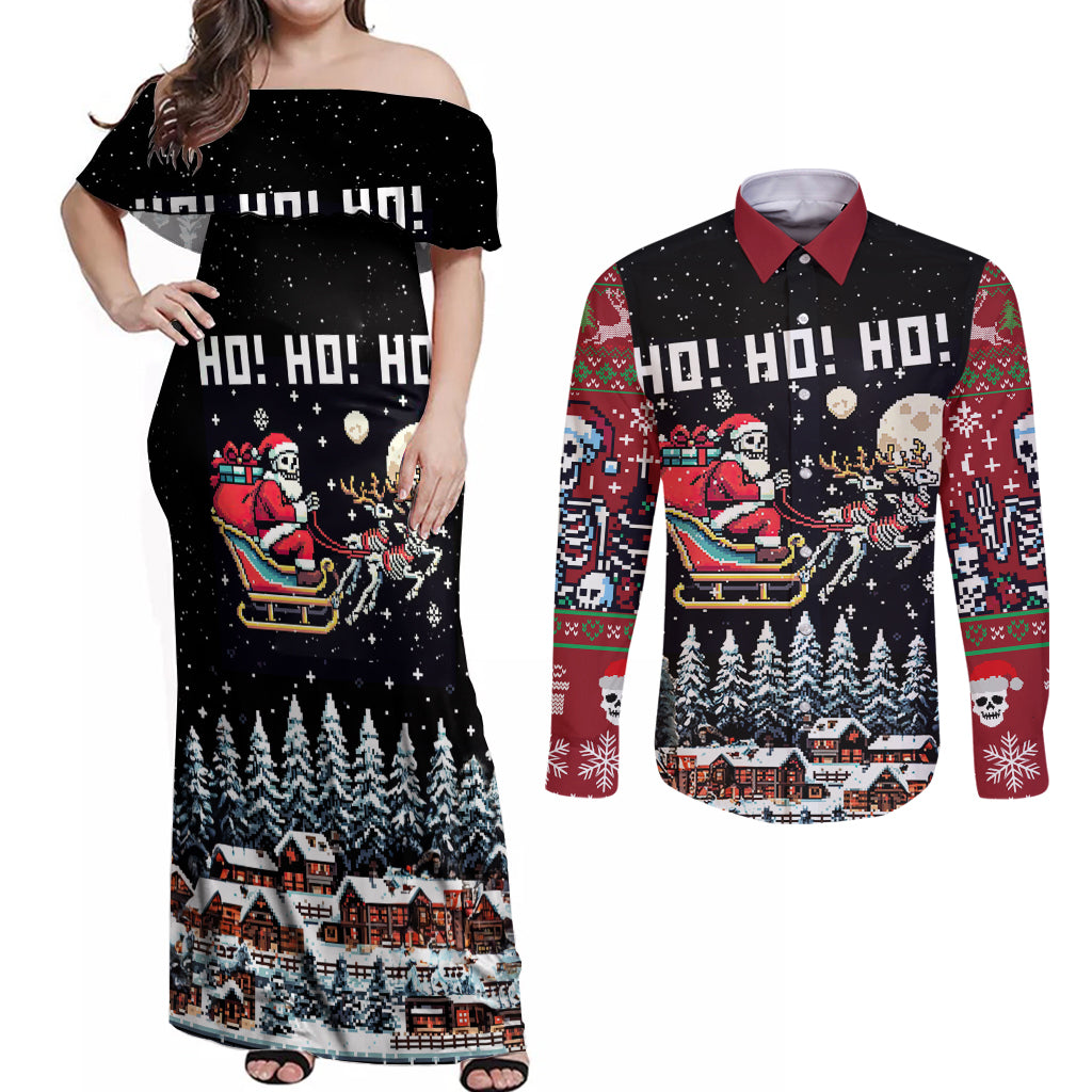 Skeleton Santa Claus Couples Matching Off Shoulder Maxi Dress and Long Sleeve Button Shirt Santa Is Coming Ho Ho Ho - Wonder Print Shop