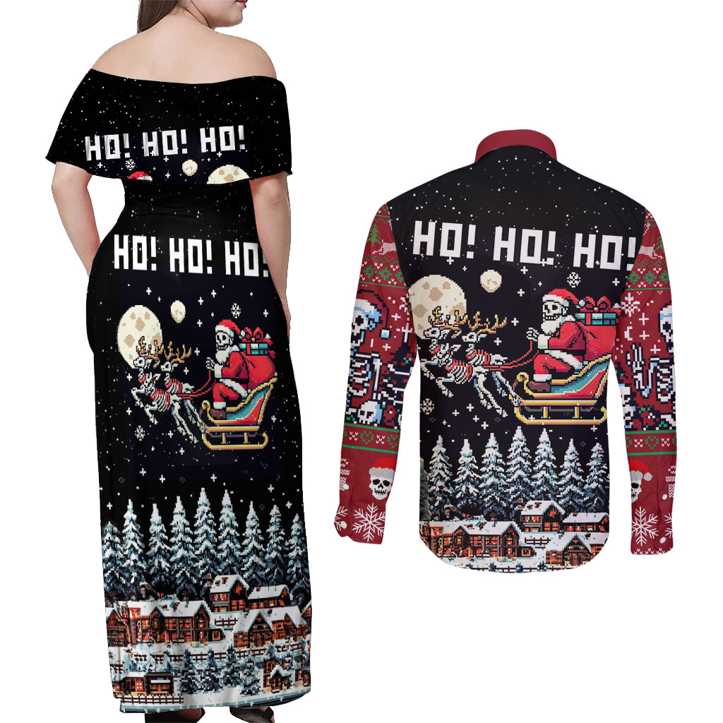 Skeleton Santa Claus Couples Matching Off Shoulder Maxi Dress and Long Sleeve Button Shirt Santa Is Coming Ho Ho Ho - Wonder Print Shop