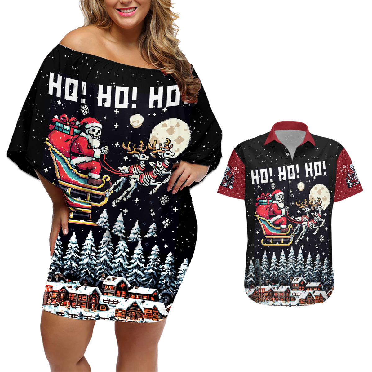 Skeleton Santa Claus Couples Matching Off Shoulder Short Dress and Hawaiian Shirt Santa Is Coming Ho Ho Ho - Wonder Print Shop
