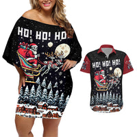 Skeleton Santa Claus Couples Matching Off Shoulder Short Dress and Hawaiian Shirt Santa Is Coming Ho Ho Ho - Wonder Print Shop