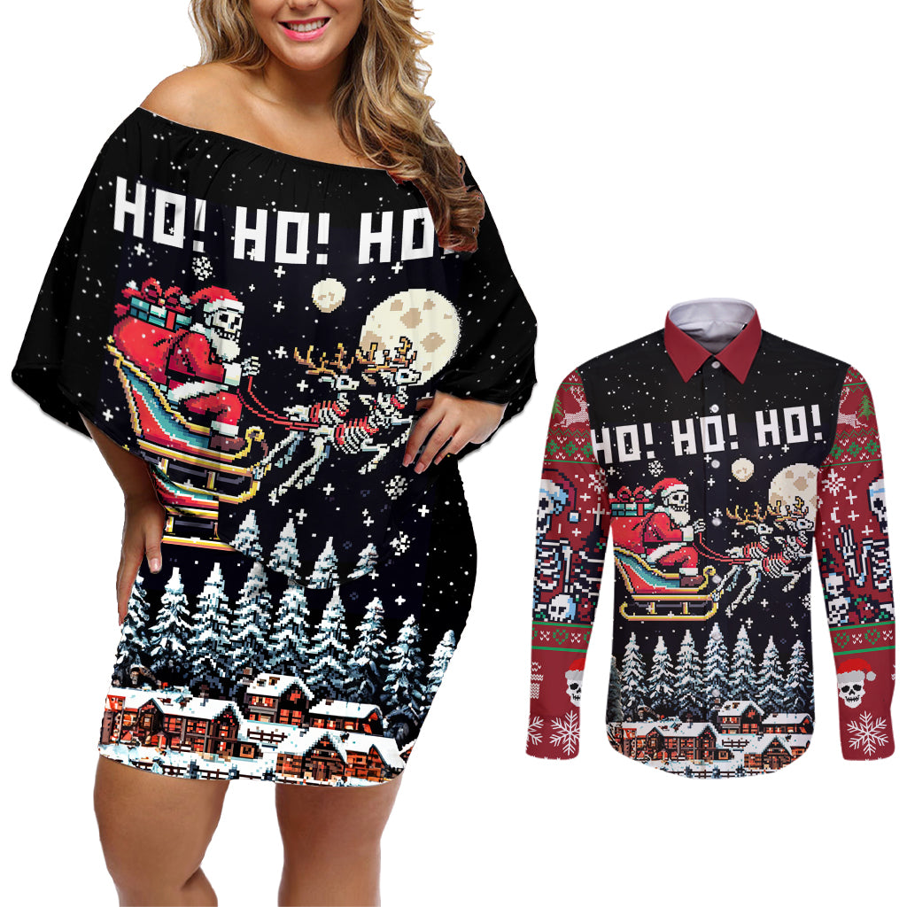 Skeleton Santa Claus Couples Matching Off Shoulder Short Dress and Long Sleeve Button Shirt Santa Is Coming Ho Ho Ho - Wonder Print Shop