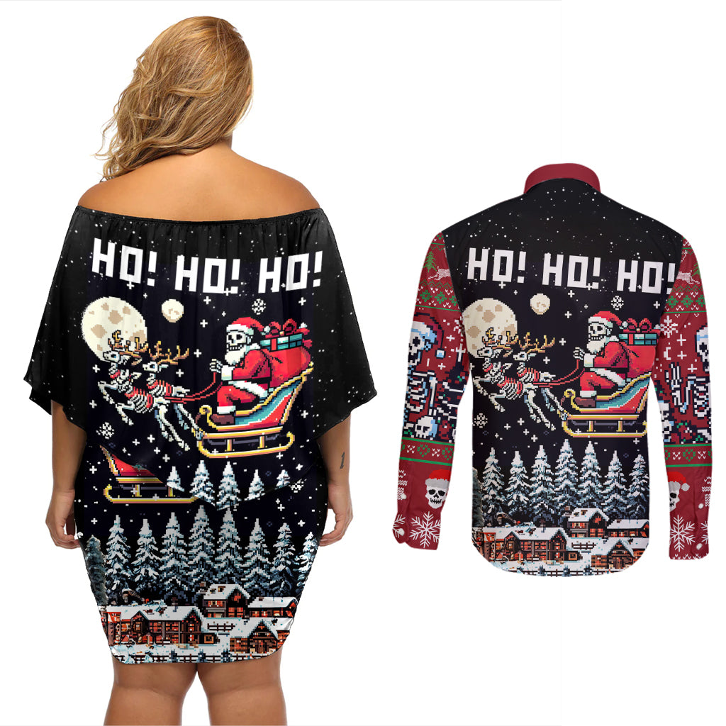 Skeleton Santa Claus Couples Matching Off Shoulder Short Dress and Long Sleeve Button Shirt Santa Is Coming Ho Ho Ho - Wonder Print Shop