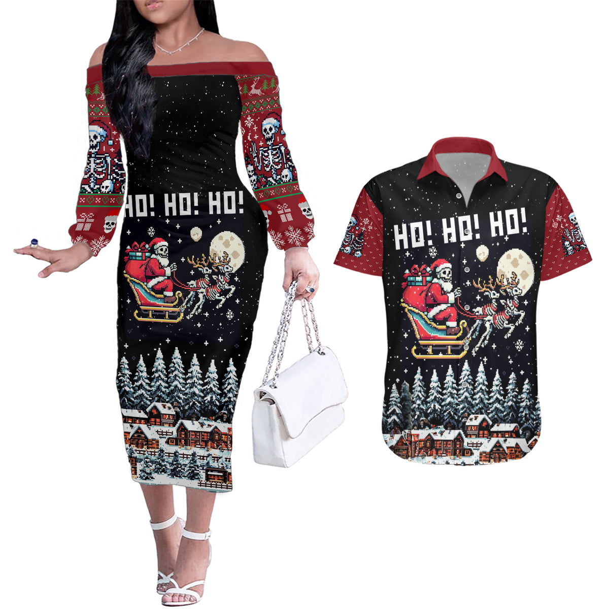 Skeleton Santa Claus Couples Matching Off The Shoulder Long Sleeve Dress and Hawaiian Shirt Santa Is Coming Ho Ho Ho - Wonder Print Shop