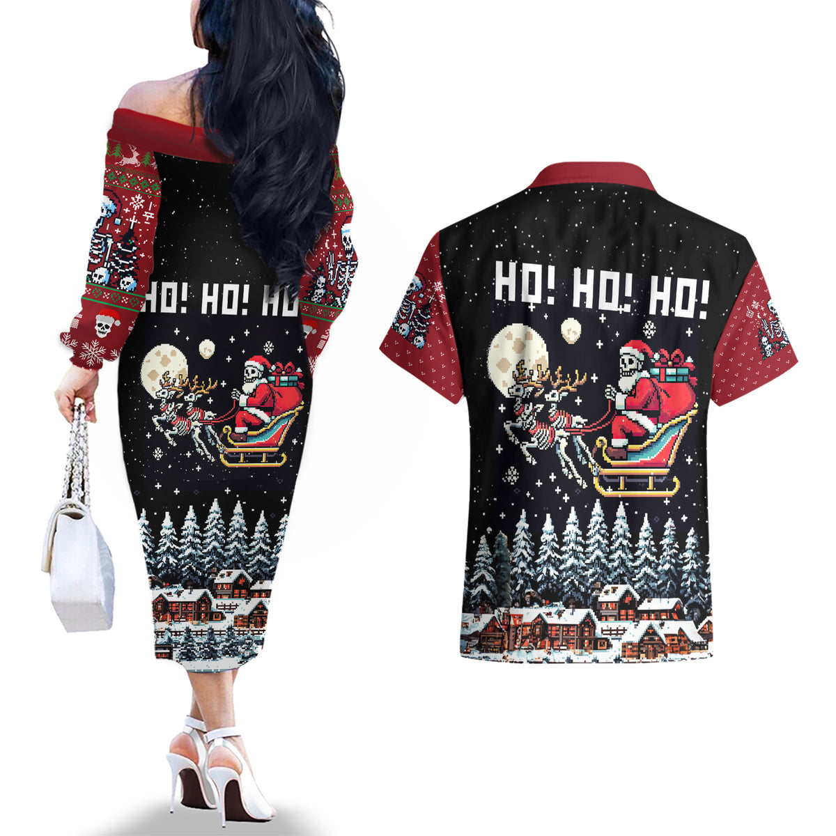 Skeleton Santa Claus Couples Matching Off The Shoulder Long Sleeve Dress and Hawaiian Shirt Santa Is Coming Ho Ho Ho - Wonder Print Shop