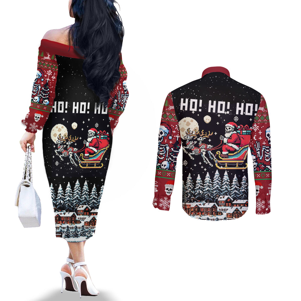 skeleton-santa-claus-couples-matching-off-the-shoulder-long-sleeve-dress-and-long-sleeve-button-shirt-santa-is-coming-ho-ho-ho