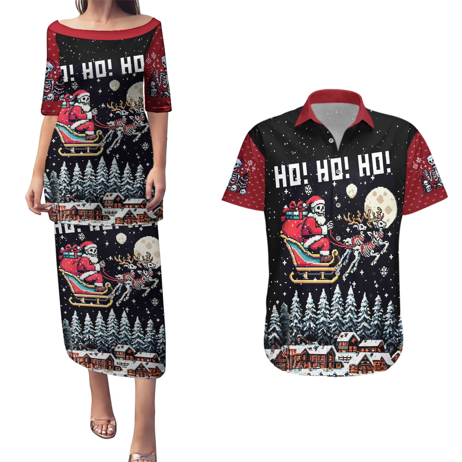 Skeleton Santa Claus Couples Matching Puletasi Dress and Hawaiian Shirt Santa Is Coming Ho Ho Ho - Wonder Print Shop