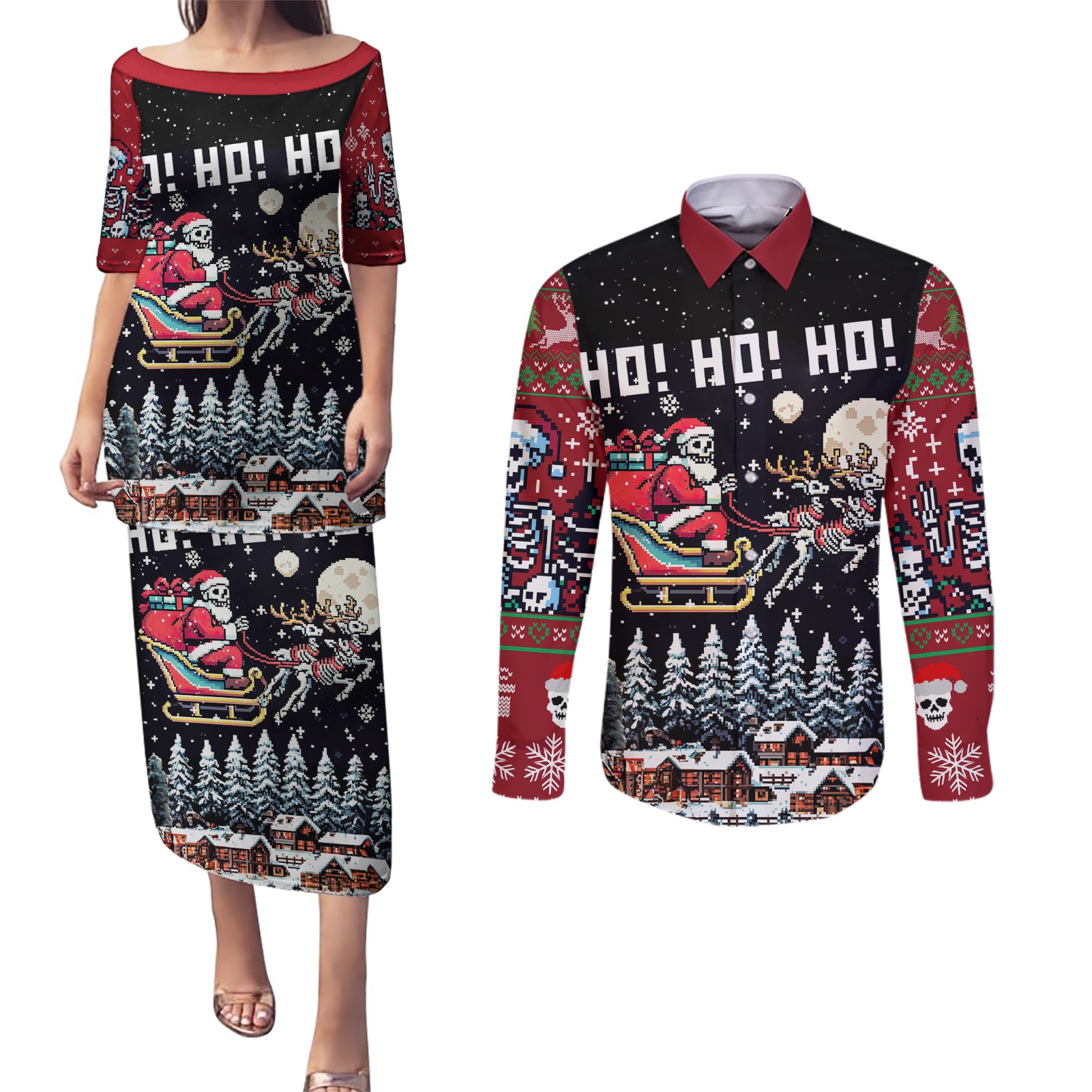Skeleton Santa Claus Couples Matching Puletasi Dress and Long Sleeve Button Shirt Santa Is Coming Ho Ho Ho - Wonder Print Shop