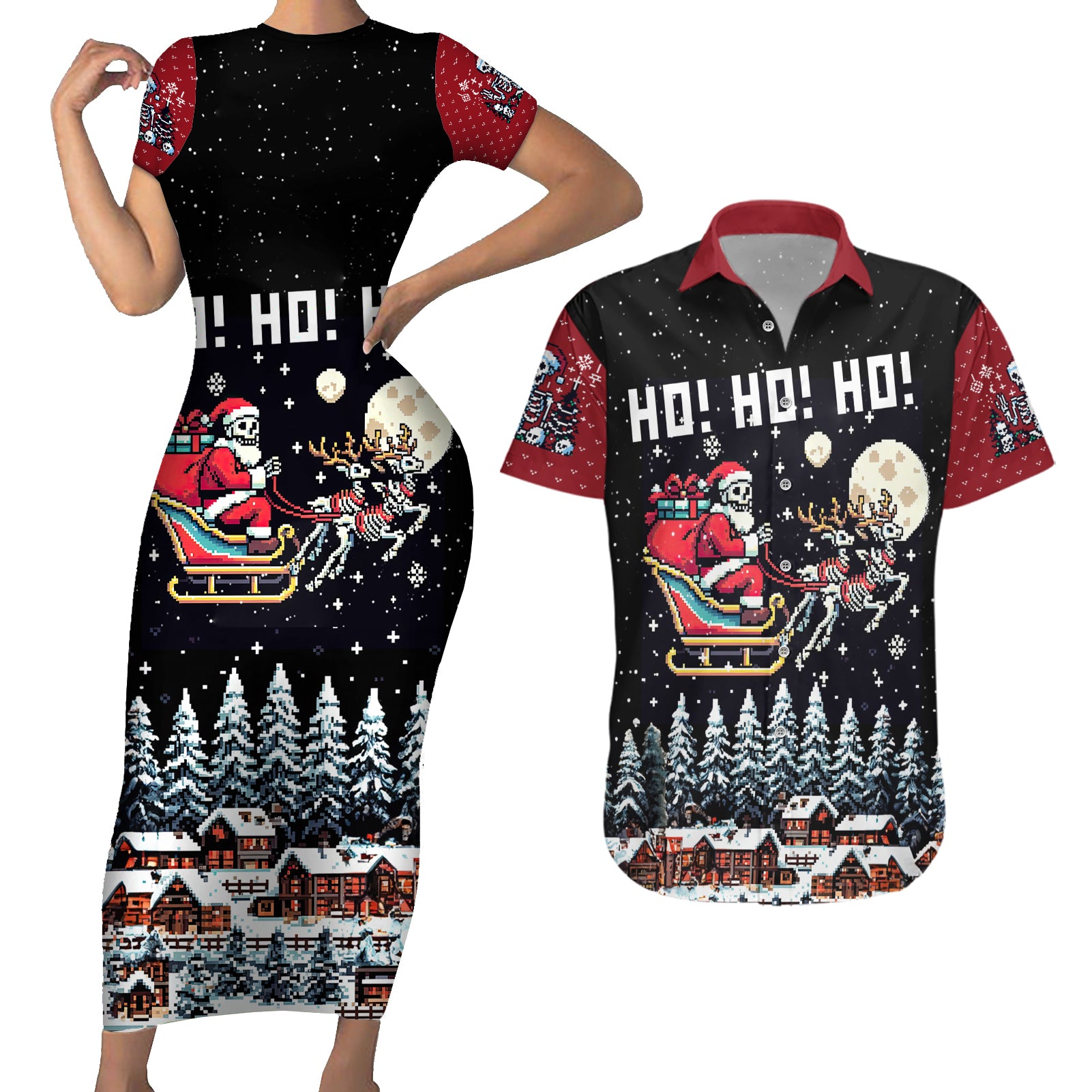 Skeleton Santa Claus Couples Matching Short Sleeve Bodycon Dress and Hawaiian Shirt Santa Is Coming Ho Ho Ho - Wonder Print Shop