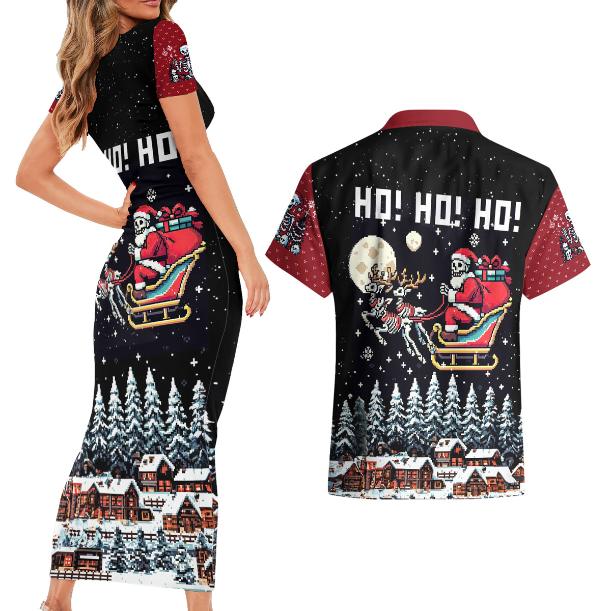 Skeleton Santa Claus Couples Matching Short Sleeve Bodycon Dress and Hawaiian Shirt Santa Is Coming Ho Ho Ho - Wonder Print Shop