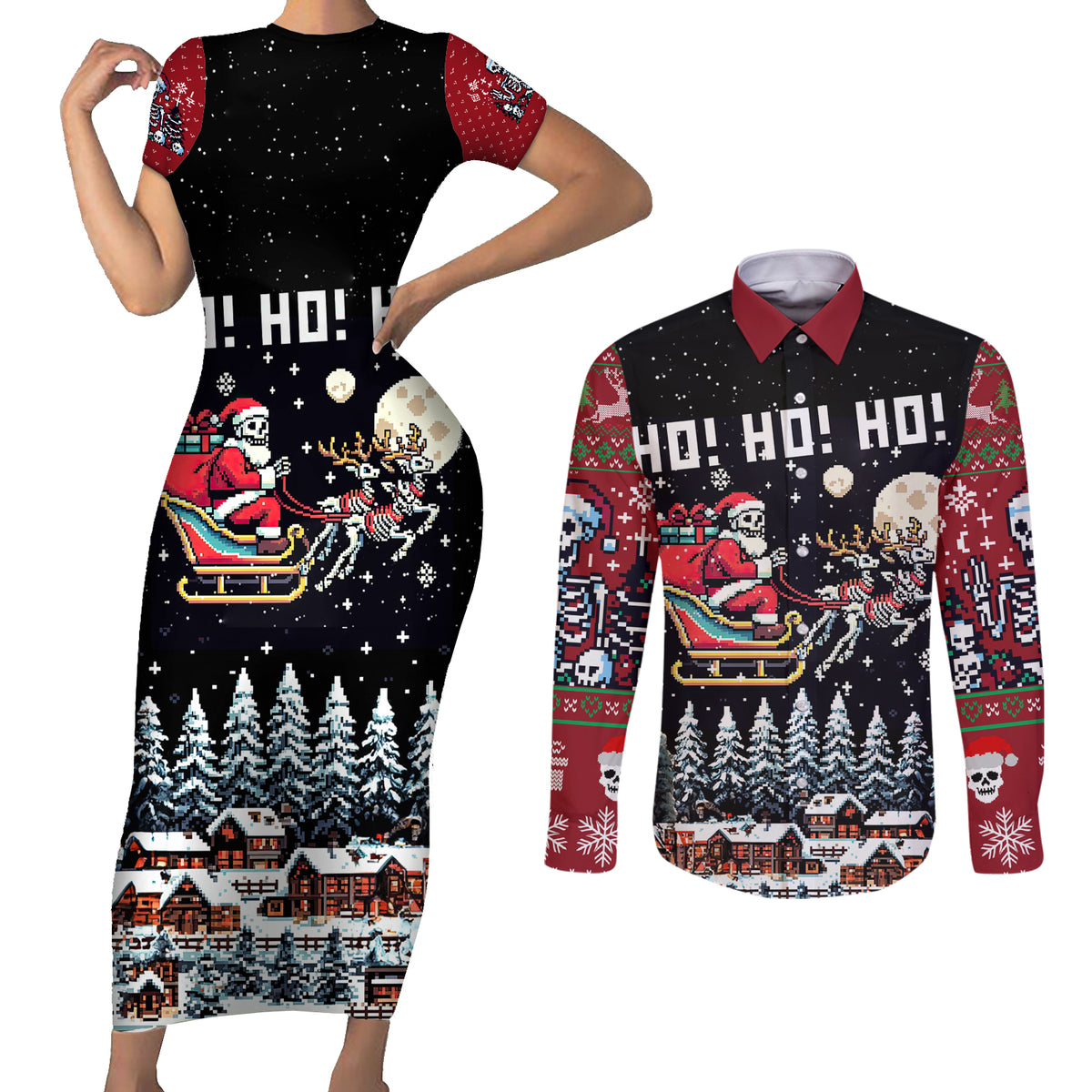 Skeleton Santa Claus Couples Matching Short Sleeve Bodycon Dress and Long Sleeve Button Shirt Santa Is Coming Ho Ho Ho - Wonder Print Shop