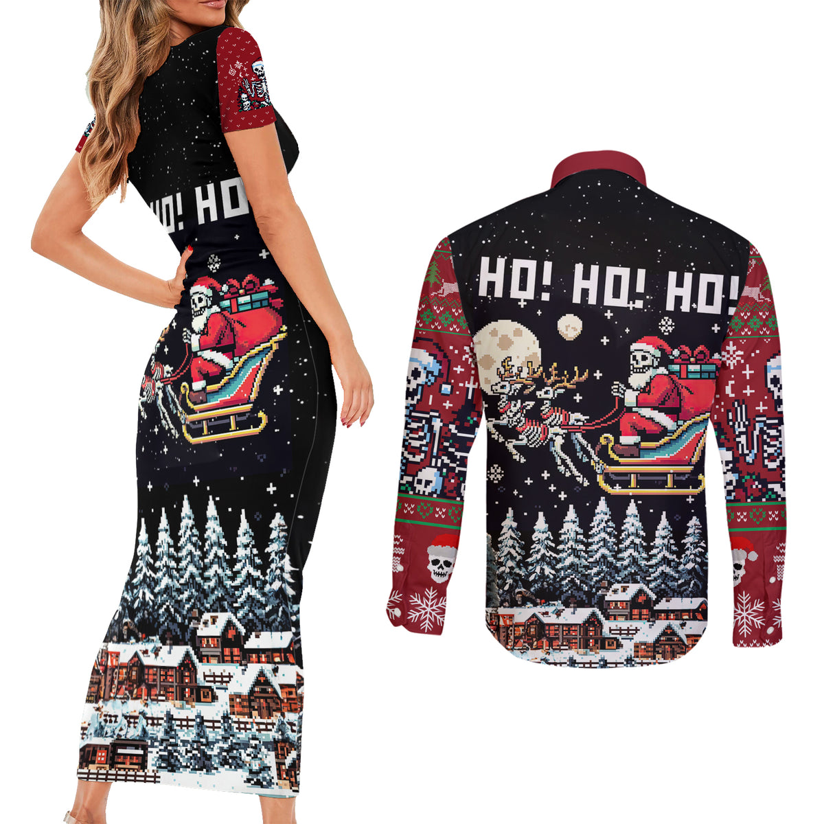 Skeleton Santa Claus Couples Matching Short Sleeve Bodycon Dress and Long Sleeve Button Shirt Santa Is Coming Ho Ho Ho - Wonder Print Shop