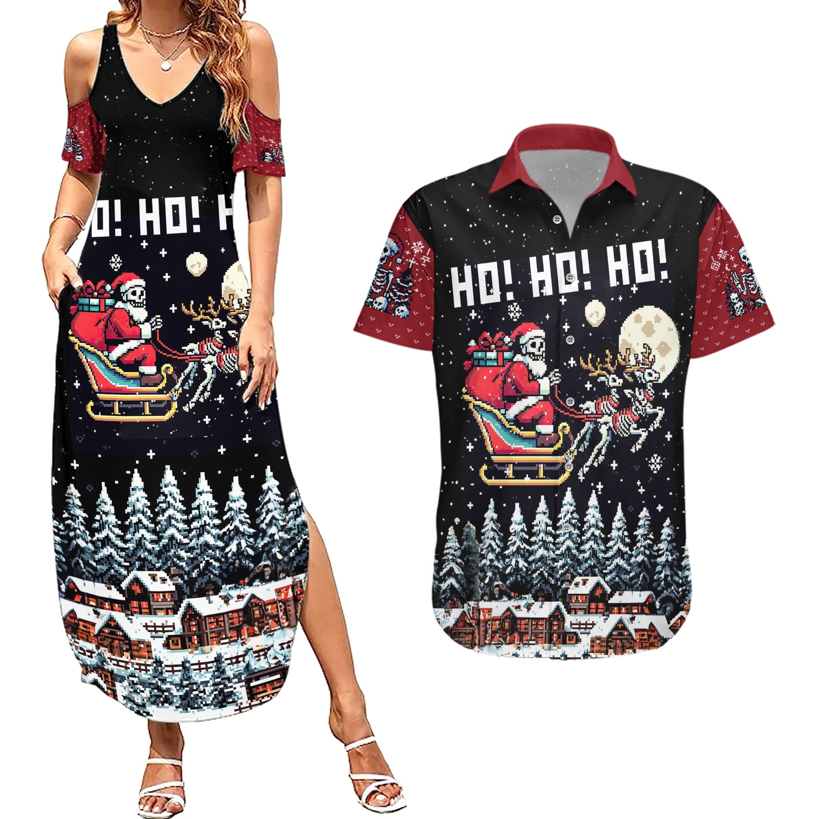 Skeleton Santa Claus Couples Matching Summer Maxi Dress and Hawaiian Shirt Santa Is Coming Ho Ho Ho - Wonder Print Shop