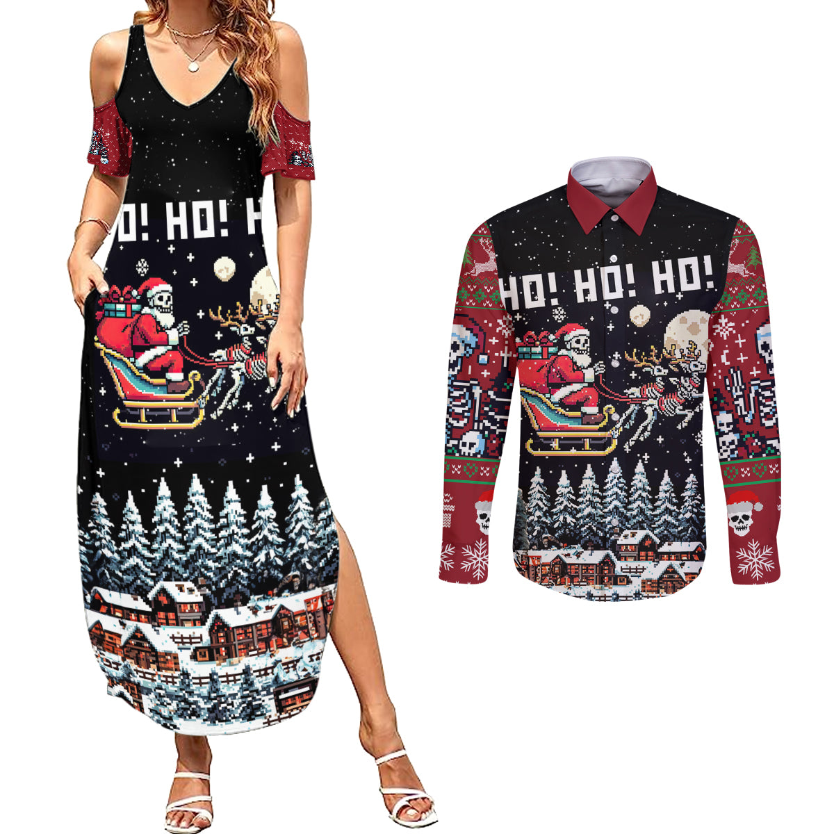 Skeleton Santa Claus Couples Matching Summer Maxi Dress and Long Sleeve Button Shirt Santa Is Coming Ho Ho Ho - Wonder Print Shop