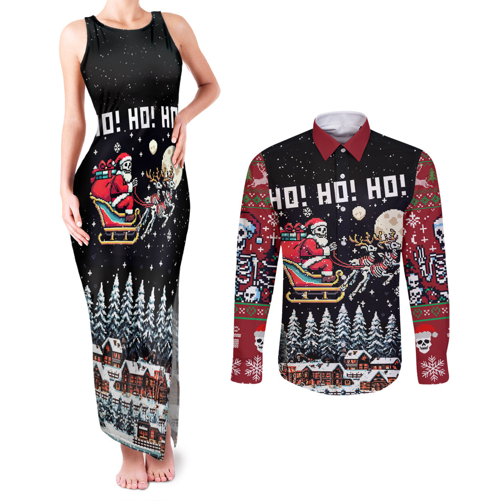 Skeleton Santa Claus Couples Matching Tank Maxi Dress and Long Sleeve Button Shirt Santa Is Coming Ho Ho Ho - Wonder Print Shop