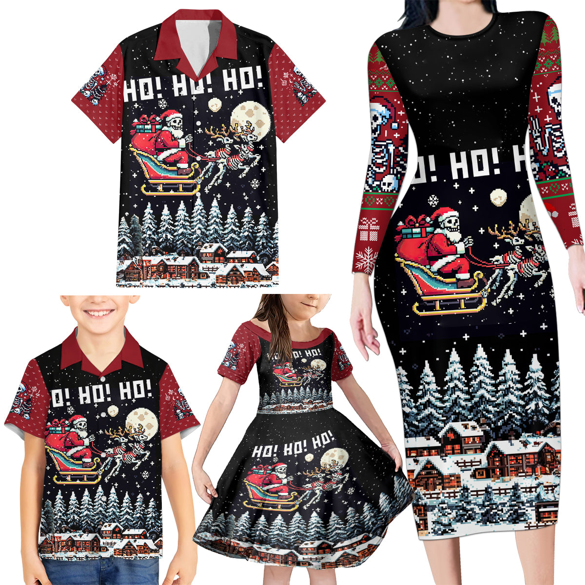 Skeleton Santa Claus Family Matching Long Sleeve Bodycon Dress and Hawaiian Shirt Santa Is Coming Ho Ho Ho - Wonder Print Shop