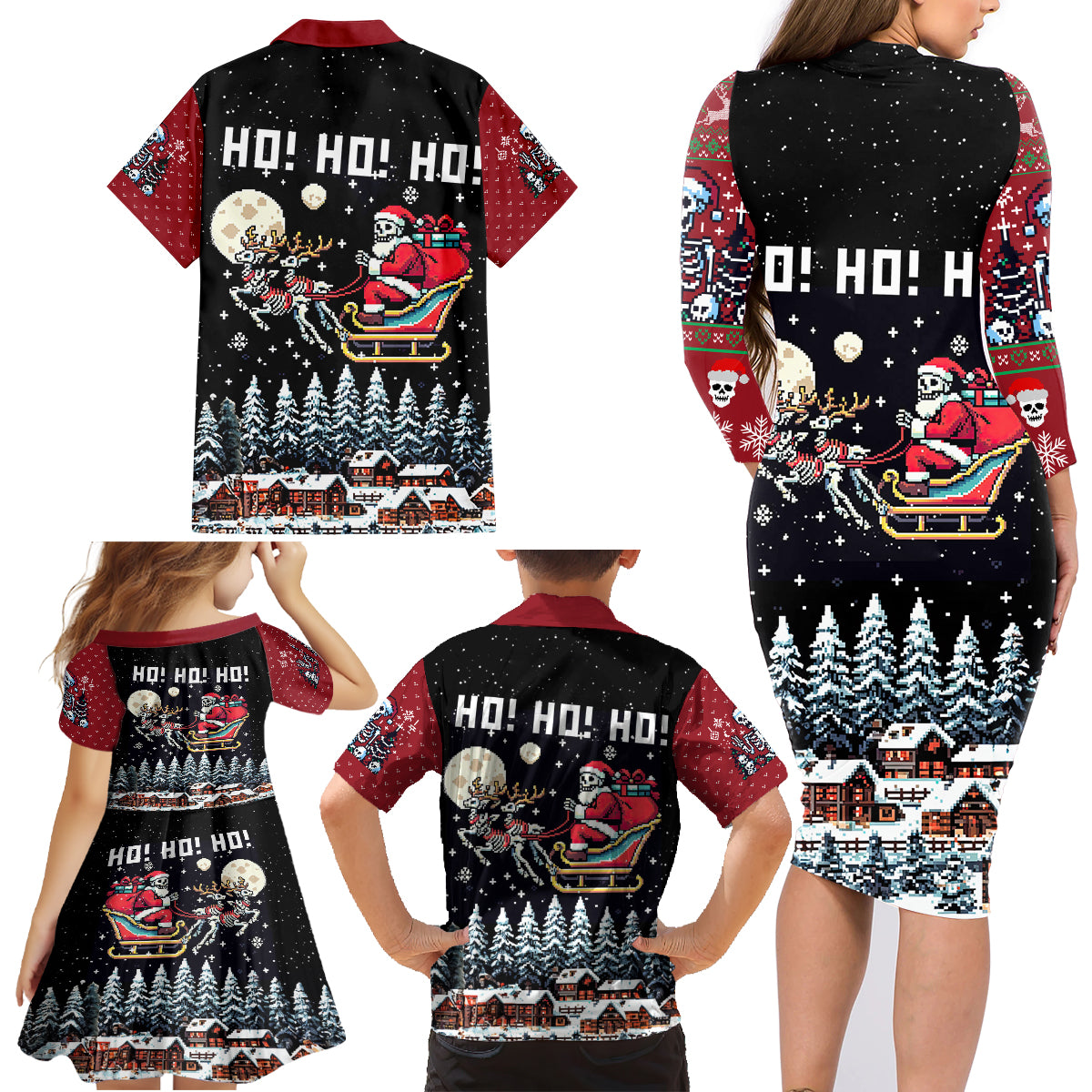 Skeleton Santa Claus Family Matching Long Sleeve Bodycon Dress and Hawaiian Shirt Santa Is Coming Ho Ho Ho - Wonder Print Shop