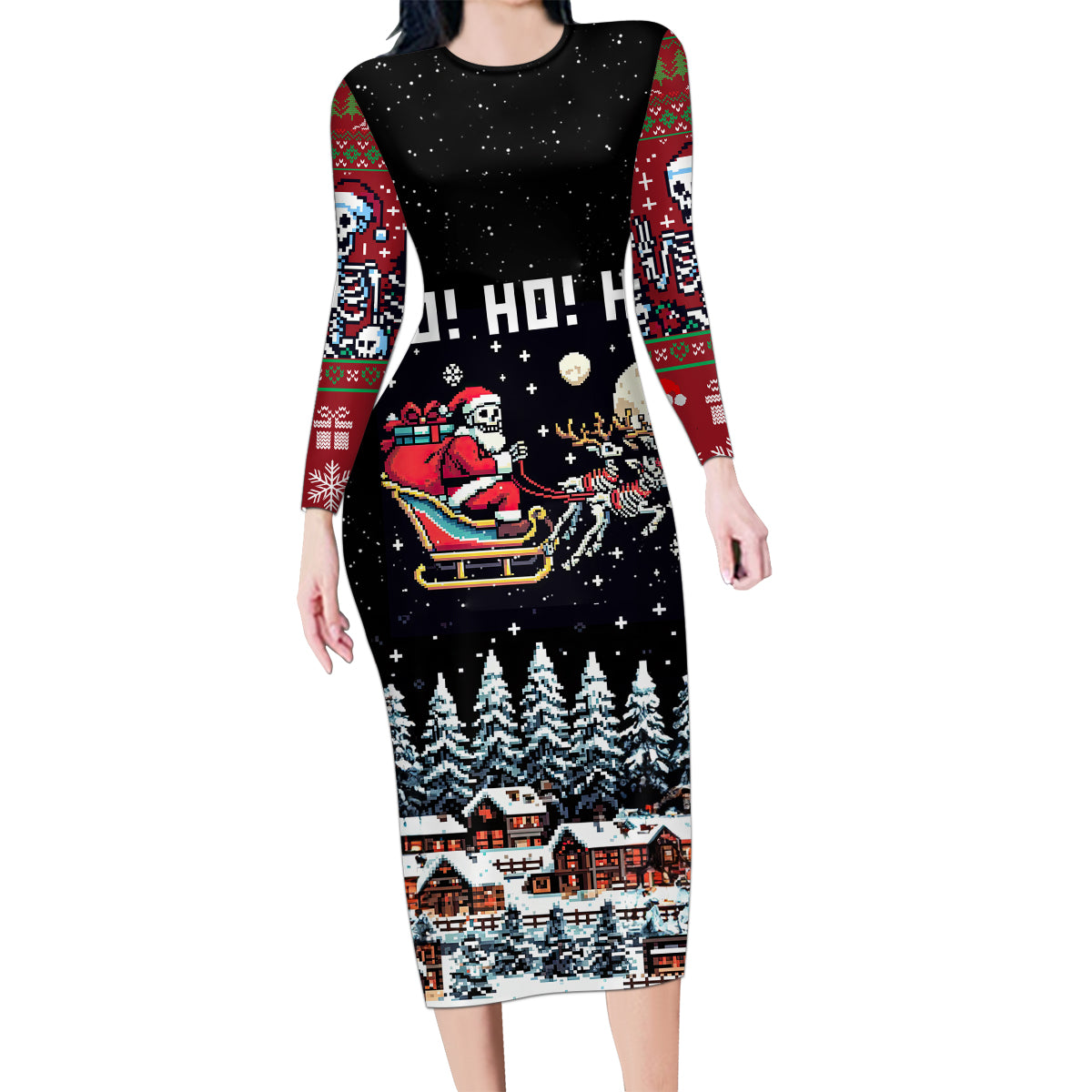 Skeleton Santa Claus Family Matching Long Sleeve Bodycon Dress and Hawaiian Shirt Santa Is Coming Ho Ho Ho - Wonder Print Shop