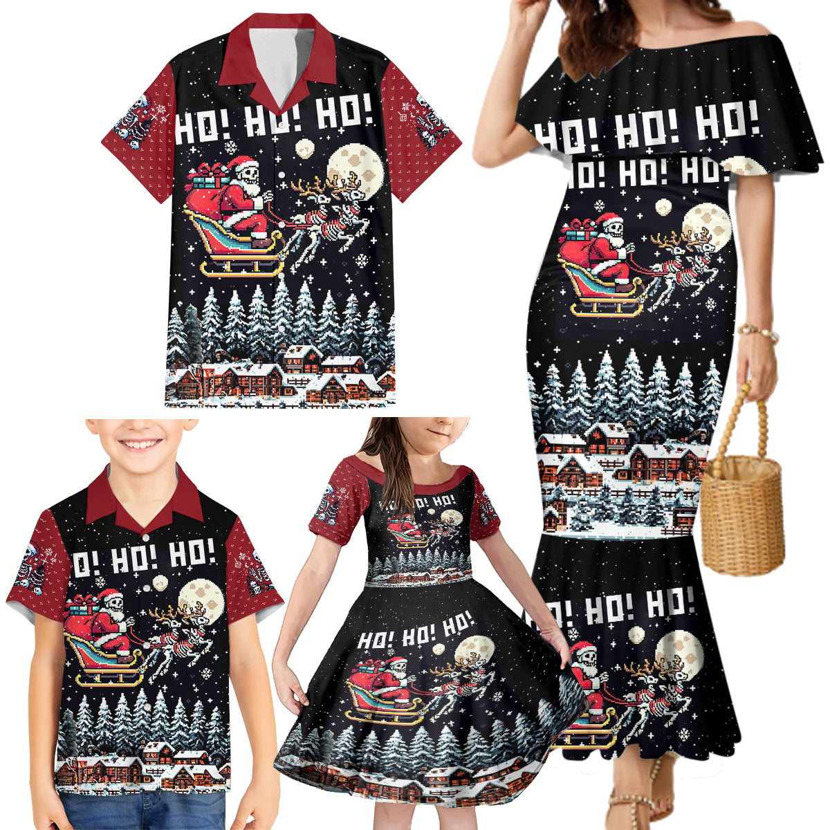 Skeleton Santa Claus Family Matching Mermaid Dress and Hawaiian Shirt Santa Is Coming Ho Ho Ho - Wonder Print Shop