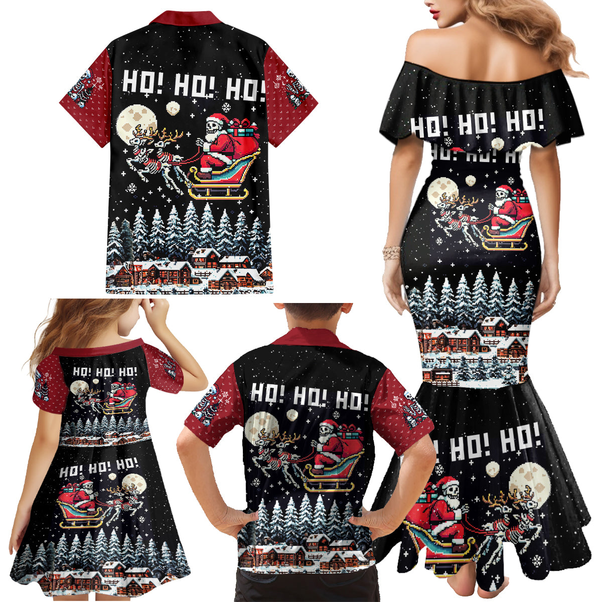 Skeleton Santa Claus Family Matching Mermaid Dress and Hawaiian Shirt Santa Is Coming Ho Ho Ho - Wonder Print Shop