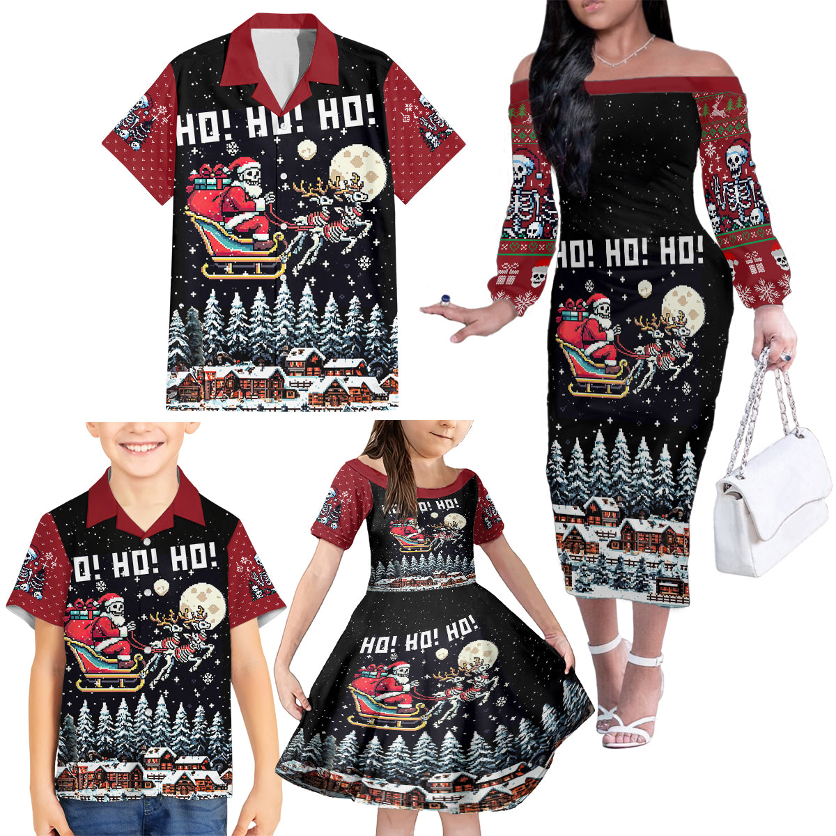 Skeleton Santa Claus Family Matching Off Shoulder Long Sleeve Dress and Hawaiian Shirt Santa Is Coming Ho Ho Ho - Wonder Print Shop