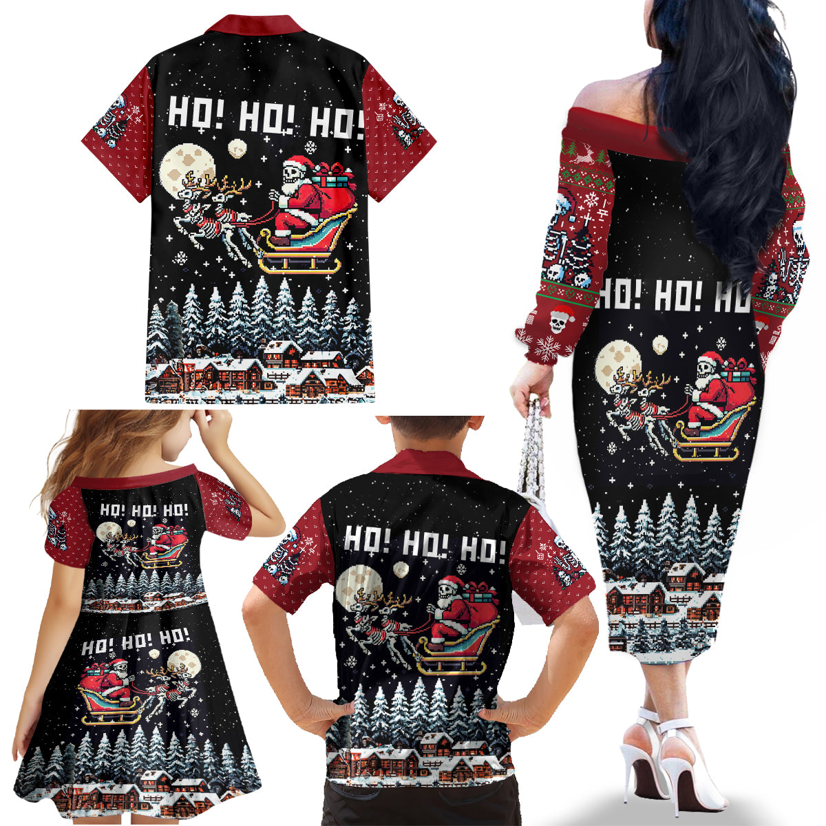 Skeleton Santa Claus Family Matching Off Shoulder Long Sleeve Dress and Hawaiian Shirt Santa Is Coming Ho Ho Ho - Wonder Print Shop