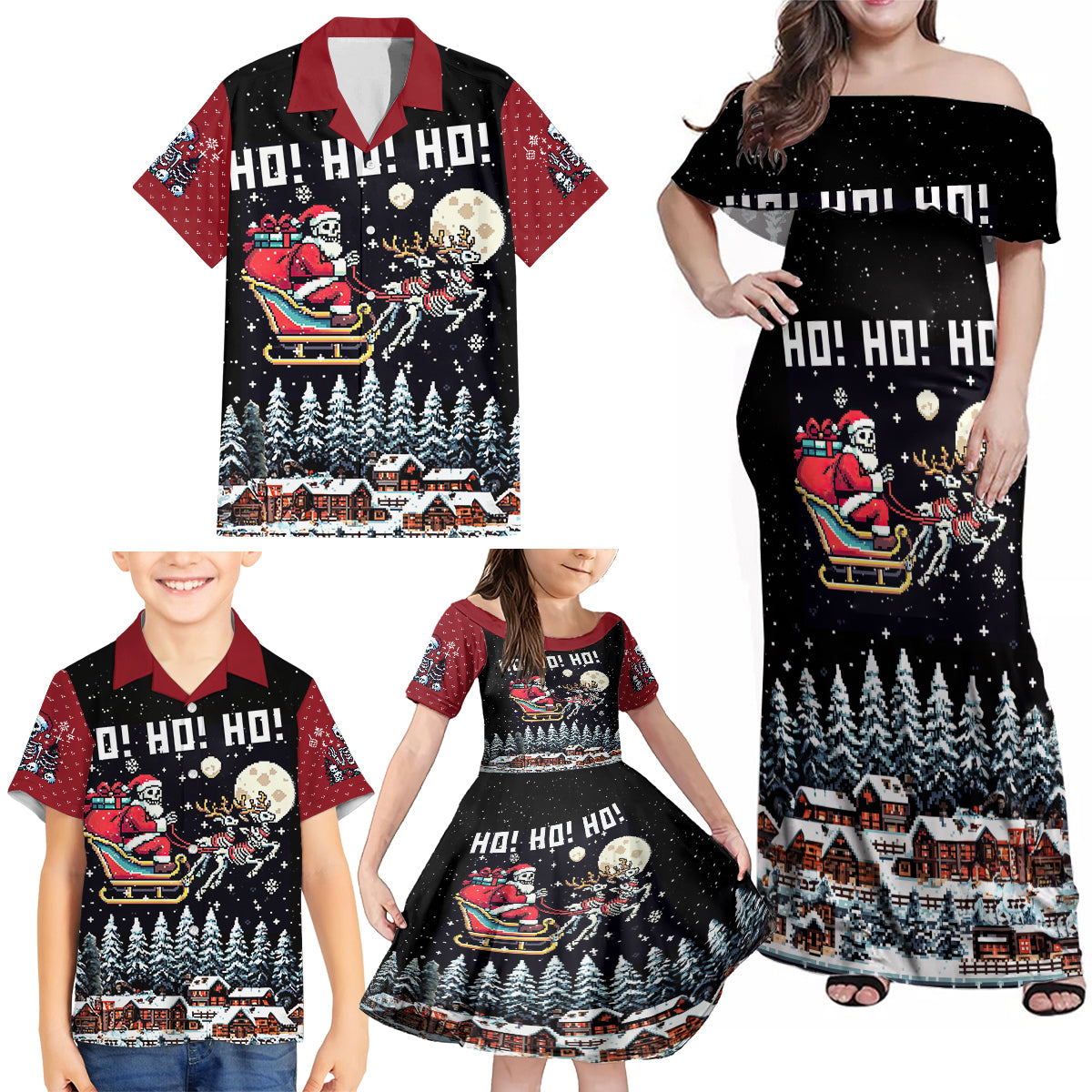 Skeleton Santa Claus Family Matching Off Shoulder Maxi Dress and Hawaiian Shirt Santa Is Coming Ho Ho Ho - Wonder Print Shop