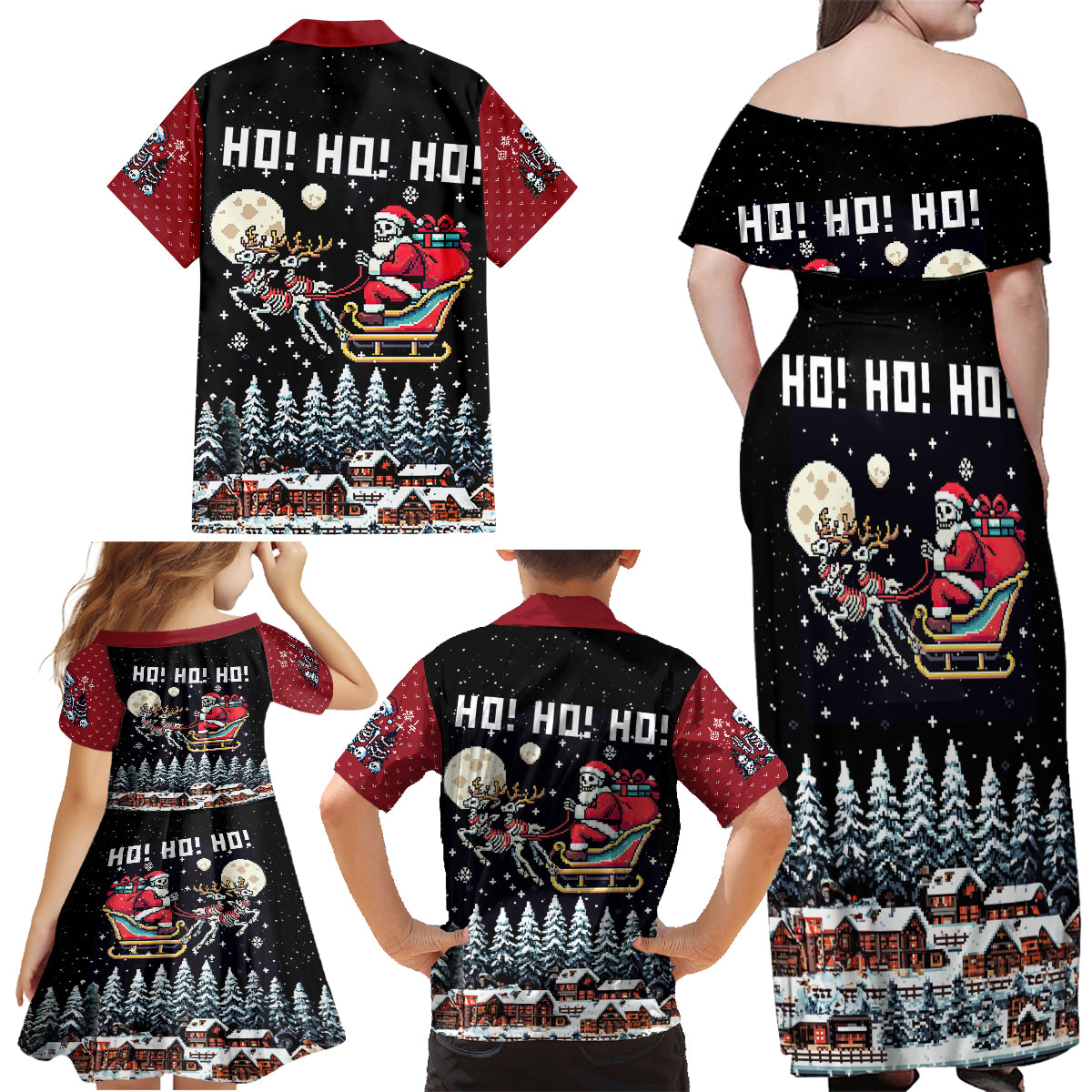Skeleton Santa Claus Family Matching Off Shoulder Maxi Dress and Hawaiian Shirt Santa Is Coming Ho Ho Ho - Wonder Print Shop