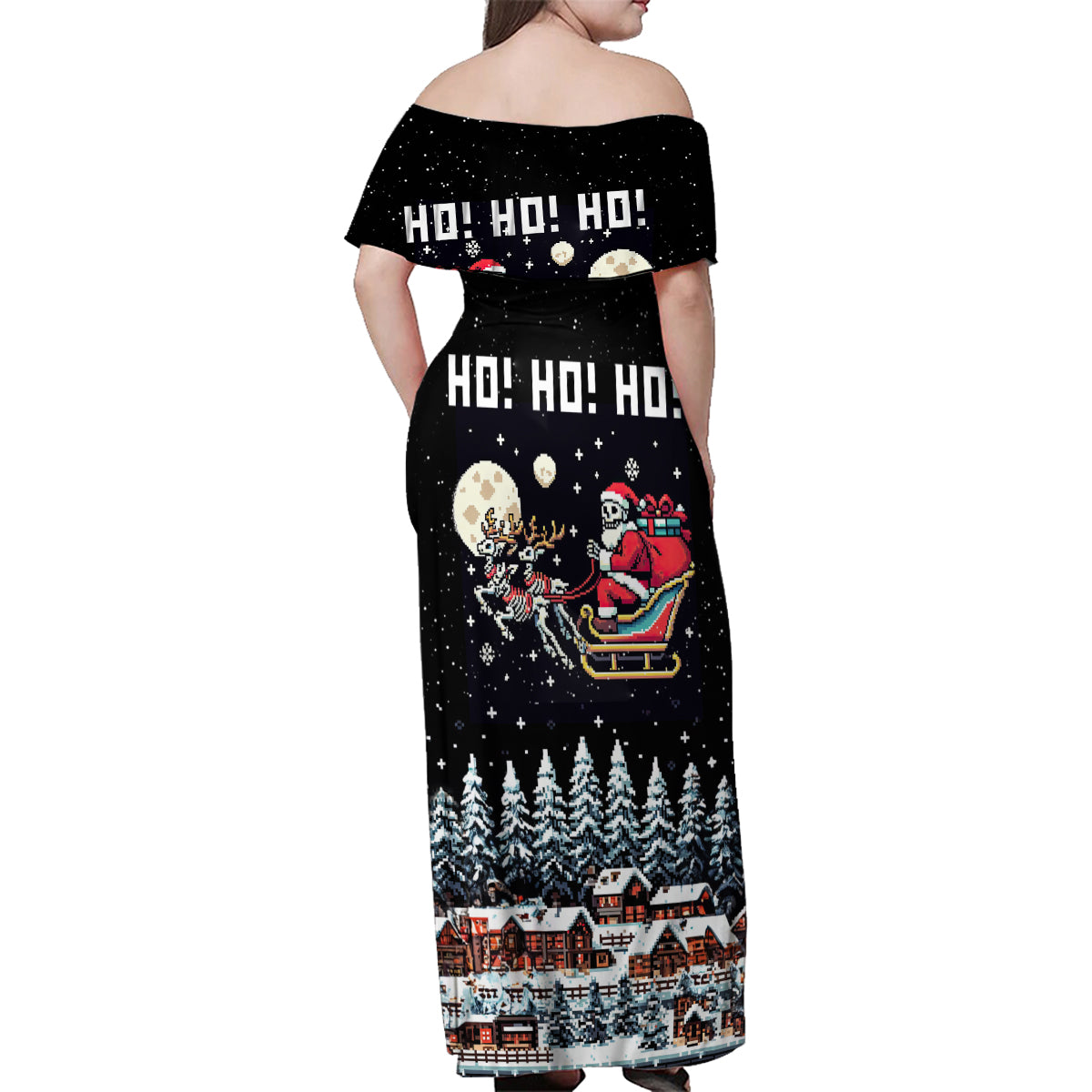 Skeleton Santa Claus Family Matching Off Shoulder Maxi Dress and Hawaiian Shirt Santa Is Coming Ho Ho Ho - Wonder Print Shop