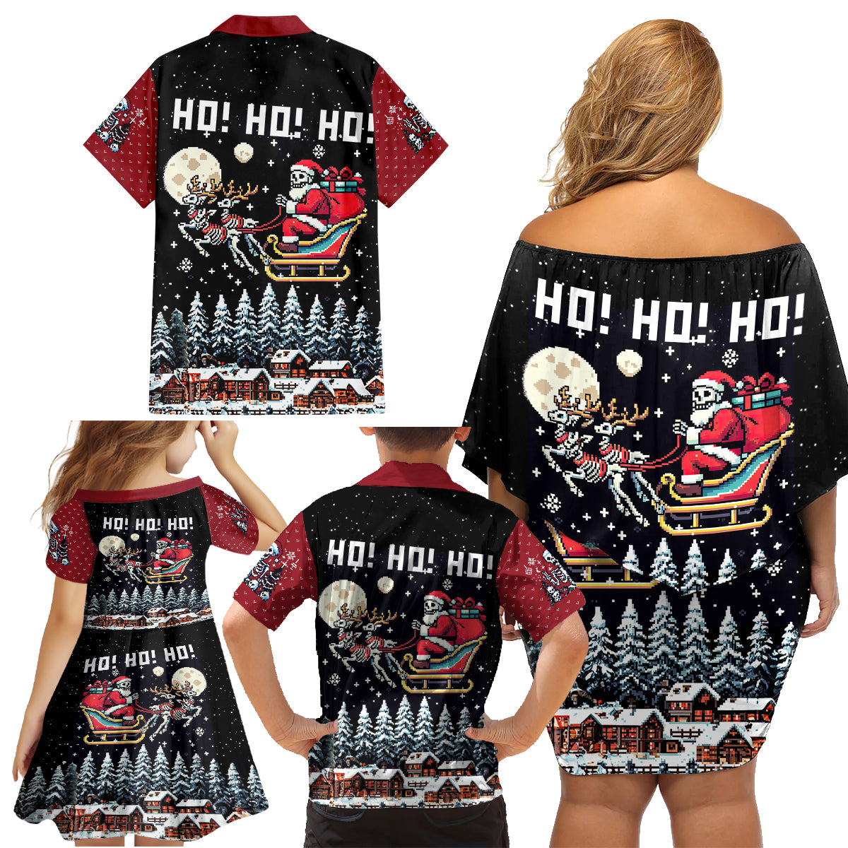 Skeleton Santa Claus Family Matching Off Shoulder Short Dress and Hawaiian Shirt Santa Is Coming Ho Ho Ho - Wonder Print Shop