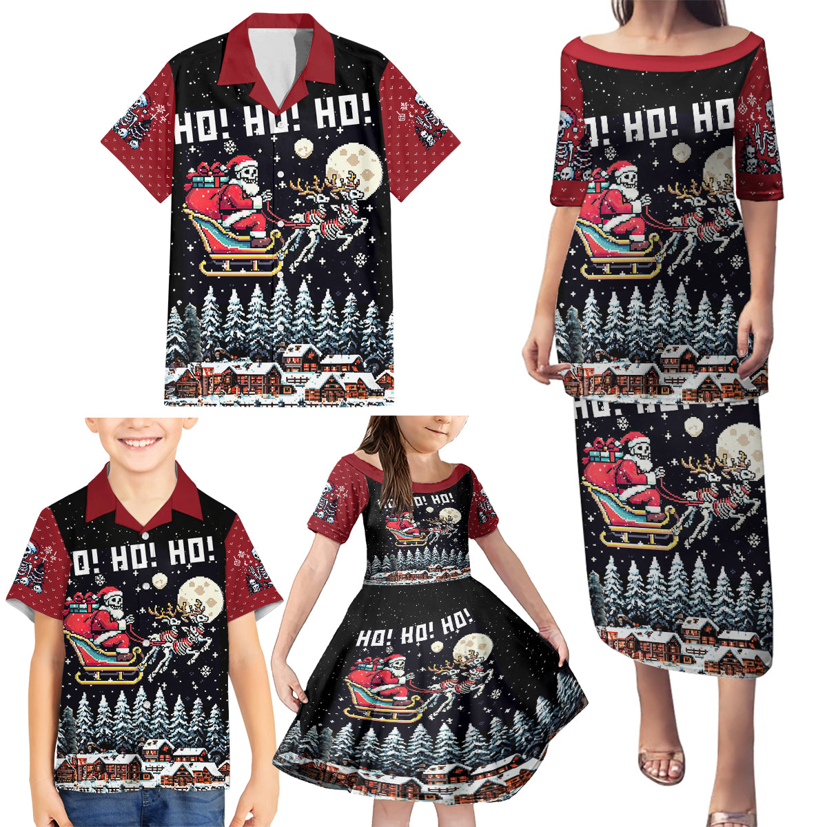 Skeleton Santa Claus Family Matching Puletasi Dress and Hawaiian Shirt Santa Is Coming Ho Ho Ho - Wonder Print Shop