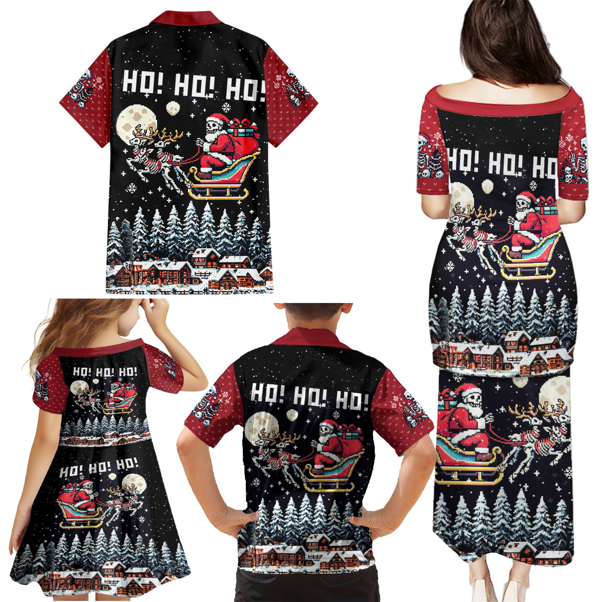 Skeleton Santa Claus Family Matching Puletasi Dress and Hawaiian Shirt Santa Is Coming Ho Ho Ho - Wonder Print Shop