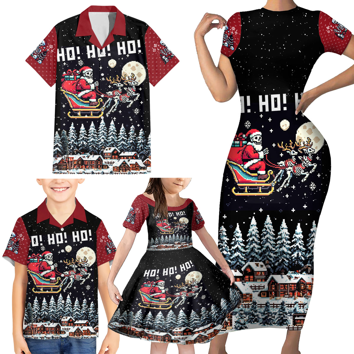 Skeleton Santa Claus Family Matching Short Sleeve Bodycon Dress and Hawaiian Shirt Santa Is Coming Ho Ho Ho - Wonder Print Shop