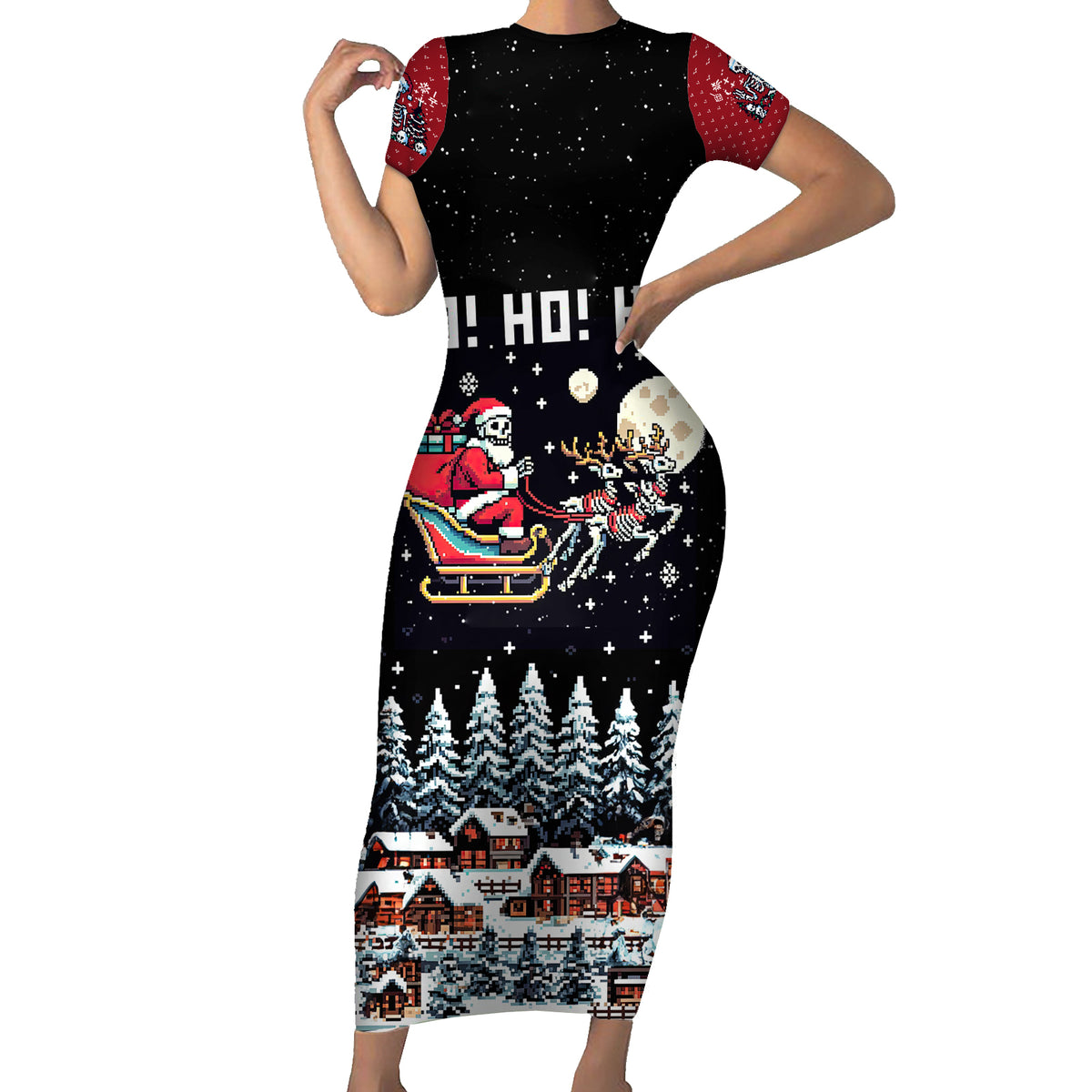 Skeleton Santa Claus Family Matching Short Sleeve Bodycon Dress and Hawaiian Shirt Santa Is Coming Ho Ho Ho - Wonder Print Shop