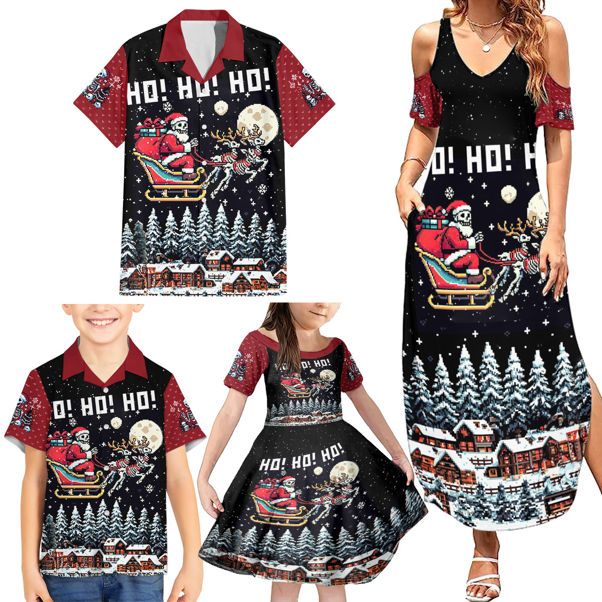 Skeleton Santa Claus Family Matching Summer Maxi Dress and Hawaiian Shirt Santa Is Coming Ho Ho Ho - Wonder Print Shop