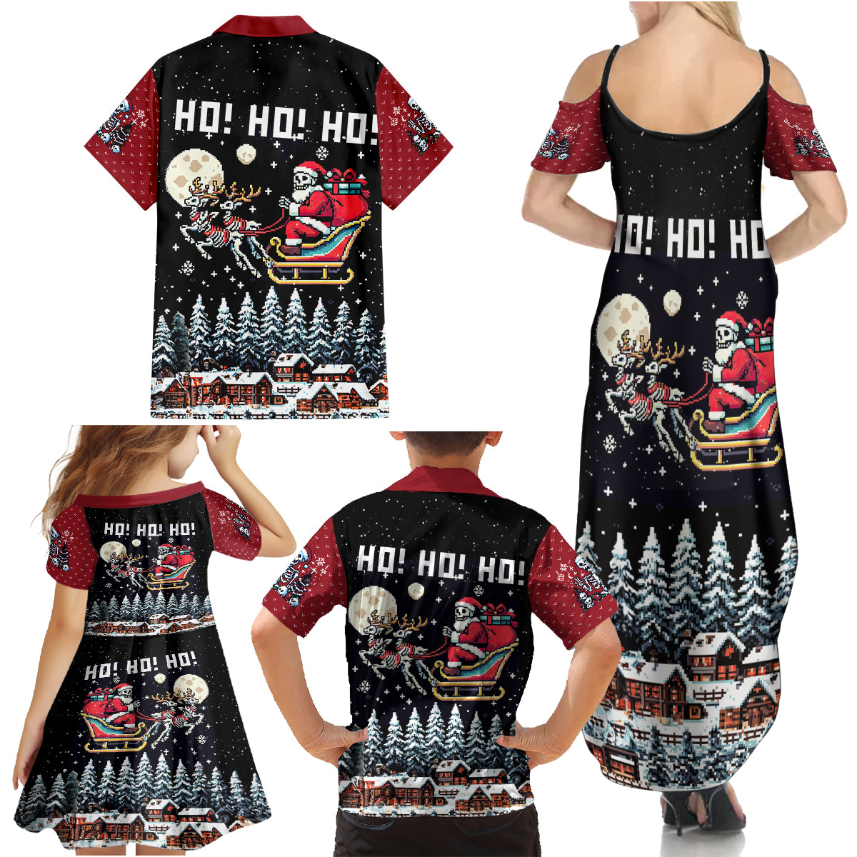 Skeleton Santa Claus Family Matching Summer Maxi Dress and Hawaiian Shirt Santa Is Coming Ho Ho Ho - Wonder Print Shop