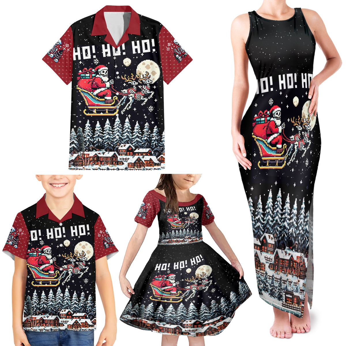 Skeleton Santa Claus Family Matching Tank Maxi Dress and Hawaiian Shirt Santa Is Coming Ho Ho Ho - Wonder Print Shop