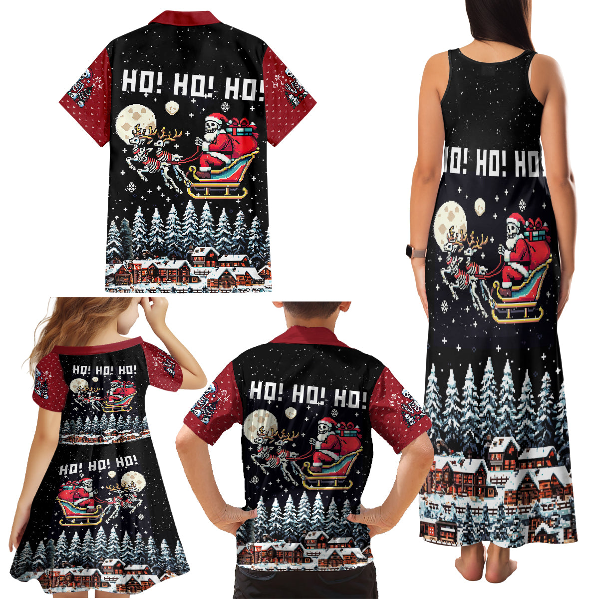 Skeleton Santa Claus Family Matching Tank Maxi Dress and Hawaiian Shirt Santa Is Coming Ho Ho Ho - Wonder Print Shop