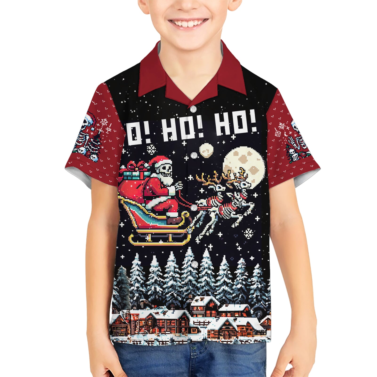 Skeleton Santa Claus Kid Hawaiian Shirt Santa Is Coming Ho Ho Ho - Wonder Print Shop